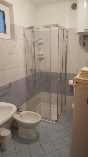 a bathroom with a shower and a toilet and a sink at Apartment Koruna in Medulin