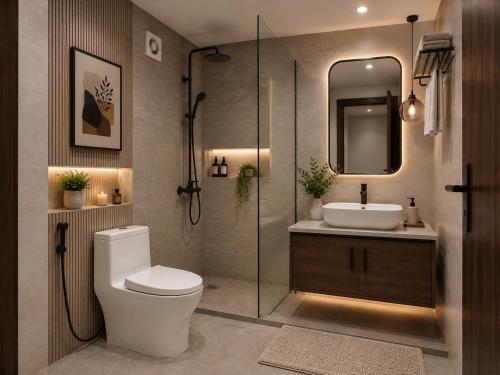 a bathroom with a toilet and a sink and a mirror at Sylhet Regency Ltd in Sylhet