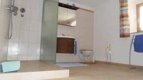 a bathroom with a toilet and a sink at Ferienwohnung Langhof in Schernfeld