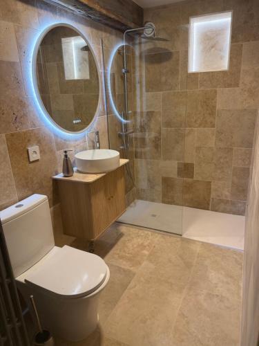 a bathroom with a toilet and a sink and a shower at LE LODGE, Pyrénées 2000 - Jardin, très calme, espace rangement in Bolquere Pyrenees 2000