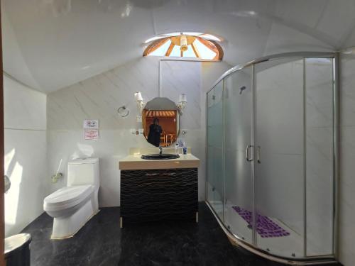 a bathroom with a shower and a sink and a toilet at Gobi Sun Lodge in Hushuu Hural