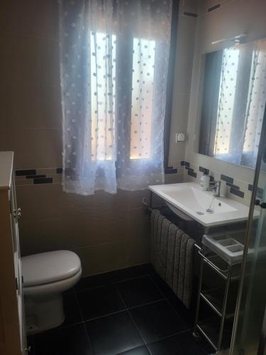 a bathroom with a sink and a toilet and a mirror at Bellavista in Piedralaves