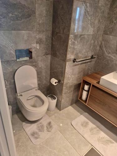 a bathroom with a toilet and a sink and a shower at Sky Apartment , 22th Floor Mercury Tower in St. Julianʼs