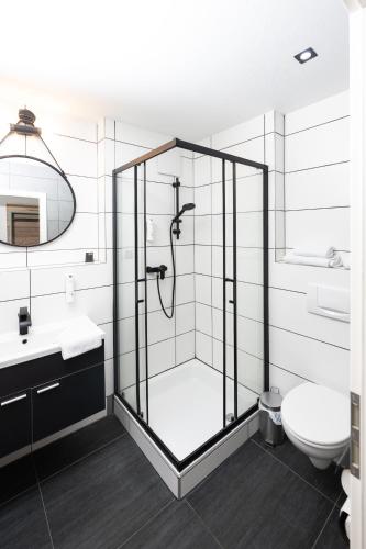 a bathroom with a shower and a toilet and a sink at Berghotel Kristall in Idar-Oberstein