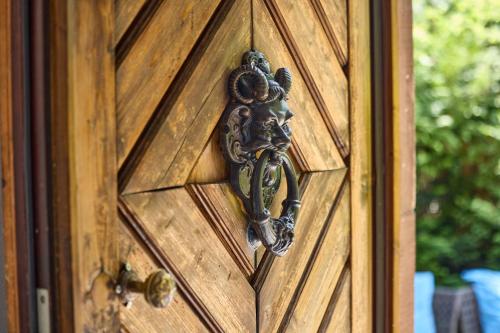 a metal door knocker on a wooden door at Stellwerk Lörrach in Lörrach