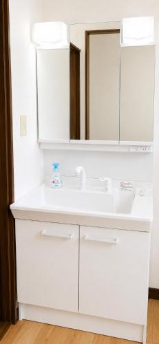 a white bathroom with a sink and a mirror at A forest guesthouse with barbecue facilities in Nikko