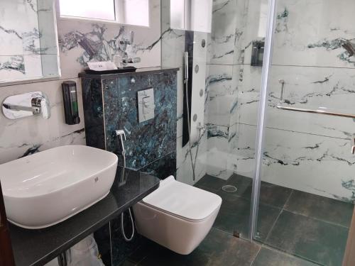a bathroom with a sink and a toilet and a shower at L G Cordial in Mysore