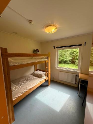 two bunk beds in a room with a window at Örkelljunga Hostel in Orkelljunga