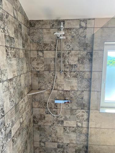 a bathroom with a shower with a glass door at Apartment Panger in Izola