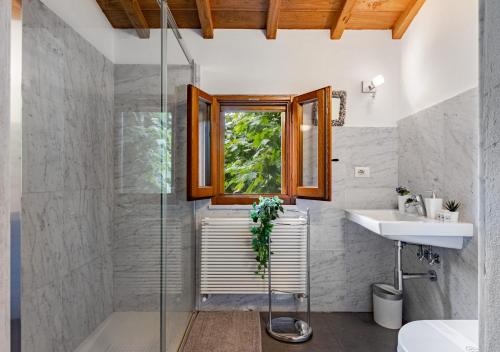 a bathroom with a shower and a sink at Vicinato Homestead in Molazzana