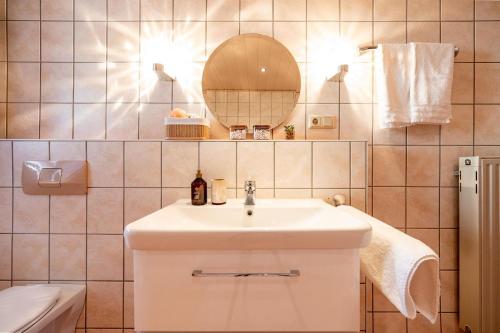 a bathroom with a sink and a mirror at Alpaka Erlebnis-Ruhige Land-Auszeit in Dinkelsbühl