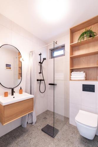 a bathroom with a sink and a toilet and a mirror at Nadmorska Otulina - Nowoczesne dwupoziomowe domki nad morzem z dużym ogrodem in Ustka