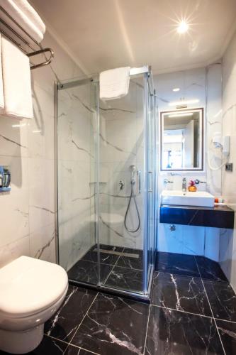 a bathroom with a shower and a toilet and a sink at Endican Beyazit Hotel in Istanbul