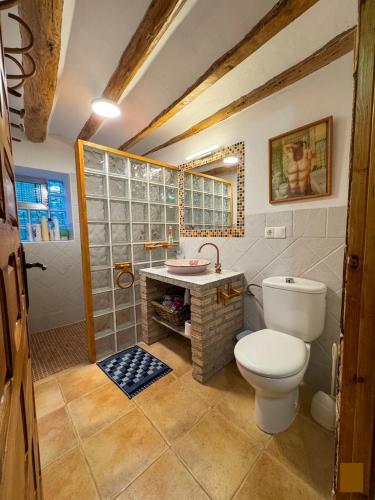 a bathroom with a toilet and a shower and a sink at Cortijo Mainacio in Siles