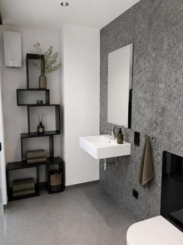 a bathroom with a sink and a mirror at Stilvolles Premium Apartment in Haßfurt