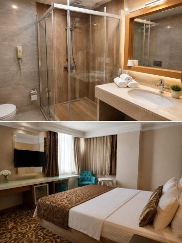 a hotel room with a bed and a bathroom at Golden Deluxe Hotel in Adana