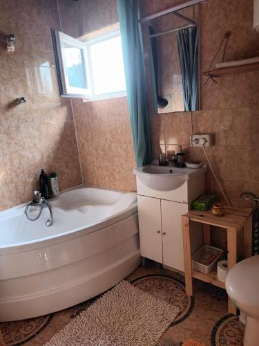 a bathroom with a tub and a sink at Bungalow Maria&Razvan in Pângărăcior