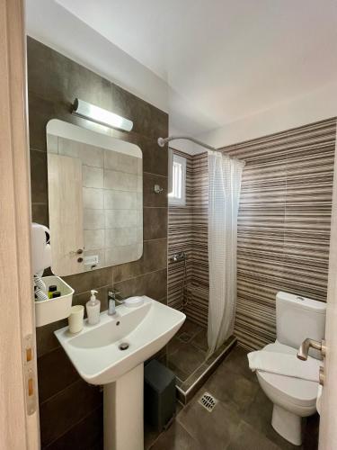 a bathroom with a white sink and a toilet at Alkyonari By Maria in Ammouliani