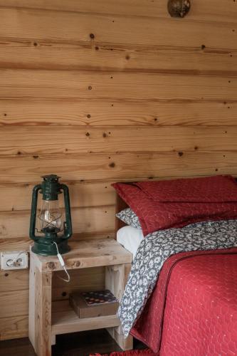 a bedroom with a red bed and a wooden wall at Bungalow Maria&Razvan in Pângărăcior