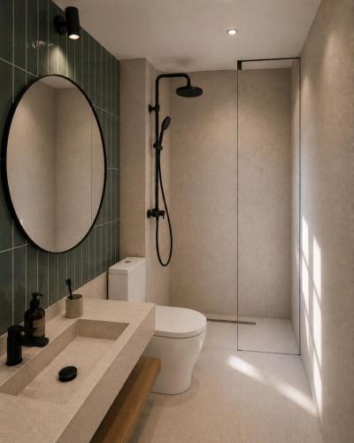 a bathroom with a shower and a toilet and a sink at athanasia sea view home front house in Polychrono