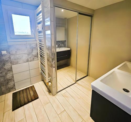 a bathroom with a shower and a sink at Le Clos des Argillières in Le Perrey
