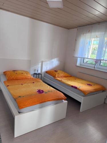 two twin beds in a room with two windows at Ferienwohnung Martin in Neuhausen ob Eck