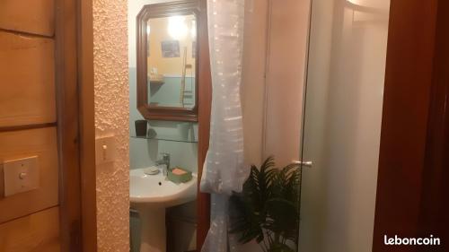 a bathroom with a sink and a mirror at Le Gite Des Peyreyres in Lespéron
