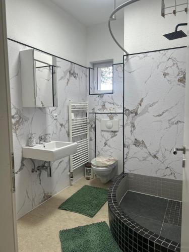 a bathroom with a shower and a sink and a toilet at Schöne Ferien- und Monteurwohnung in Ennepetal