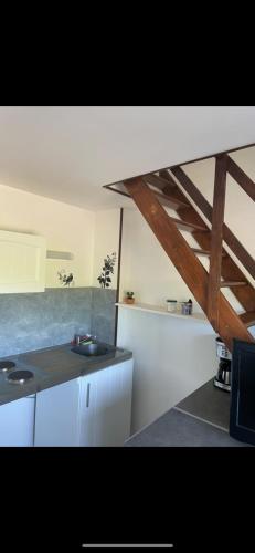 a kitchen with a sink and a wooden ceiling at Le Climatisé Old School in Paroy-sur-Tholon
