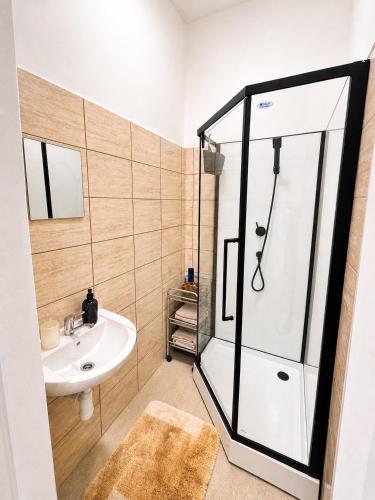 a bathroom with a shower and a sink at Colonnade Studio, Karlovy Vary in Karlovy Vary