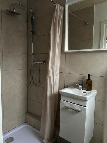 a bathroom with a shower and a sink at Kleine Hafenperle in Varel