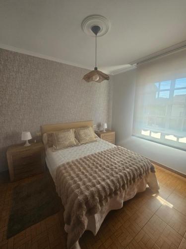 a bedroom with a large bed and a window at Casa A devesa in Cangas de Morrazo