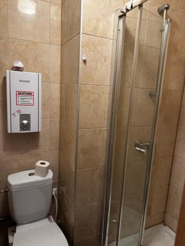 a shower stall with a toilet in a bathroom at Monteurzimmer Drei Gleichen in Günthersleben