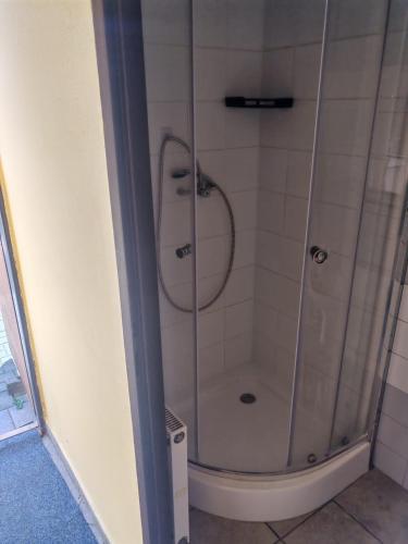 a shower with a glass door in a bathroom at Penzion Nord in Hora Svatého Šebestiána