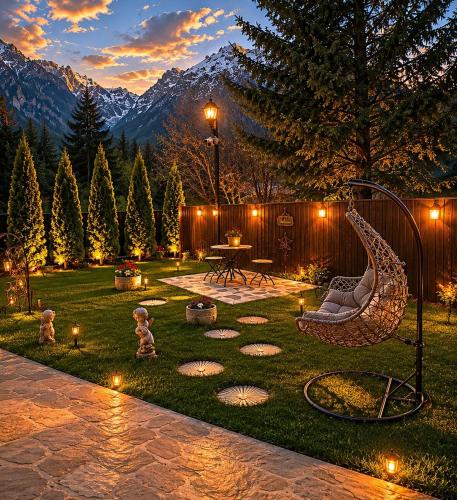a backyard with a swing in the grass at UMANI Retreat in Buşteni