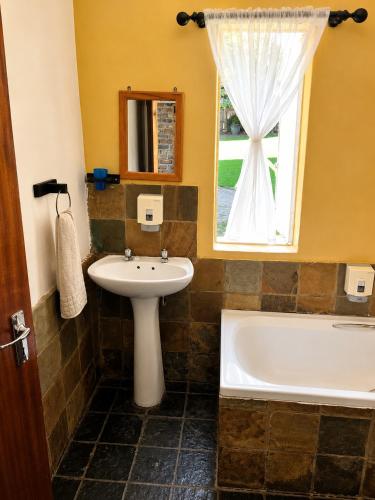 a bathroom with a sink and a tub and a window at Chargo River Lodge in Colesberg
