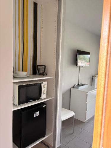 a small room with a tv and a microwave at los jardines las rozas in Las Rozas