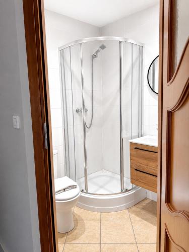 a bathroom with a shower and a toilet at Belona in Stegna