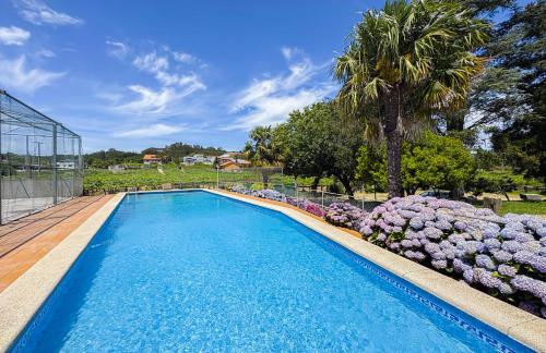 a swimming pool with flowers and a palm tree at A casa dos Viñedos, finca con piscina privada in Bayón