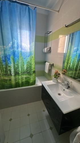 a bathroom with a sink and a shower curtain at self checkin in Tunis
