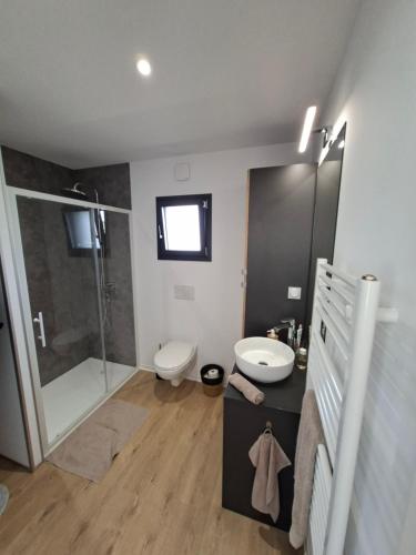 a bathroom with a toilet and a sink and a shower at Le chalet Ker Yann Vue mer Locquirec in Locquirec