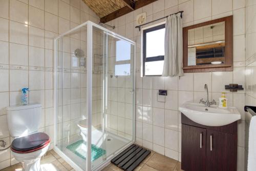 a bathroom with a shower and a toilet and a sink at Abendruhe Lodge in Pretoria
