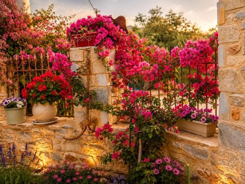 a stone wall with pink flowers in potted plants at Villa Aggeliki in Prinos