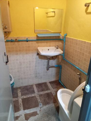 a bathroom with a sink and a toilet and a mirror at Mr Deang shop Doi Inthanon bird center in Ban Na Yang