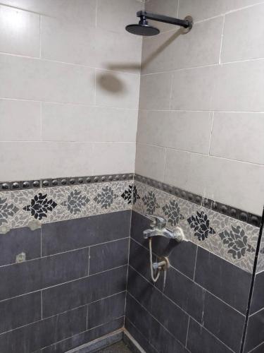 a shower with a gray and white tiled wall at Playa Hotel in Dahab