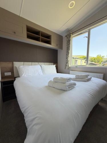 a large white bed in a room with a window at Inverbeg Holiday Park in Luss