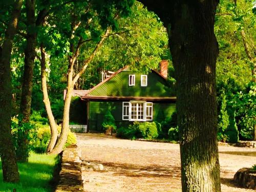 a green house with a green roof and trees at Malowniczy Dom nad samą rzeką, z pięknym widokiem in Litwinki