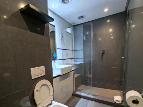 a bathroom with a toilet and a shower and a sink at Aggeneys Hotel in Aggeneys