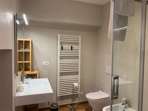a bathroom with a toilet and a sink and a shower at Green B&B Urbino Cá del vento in Urbino