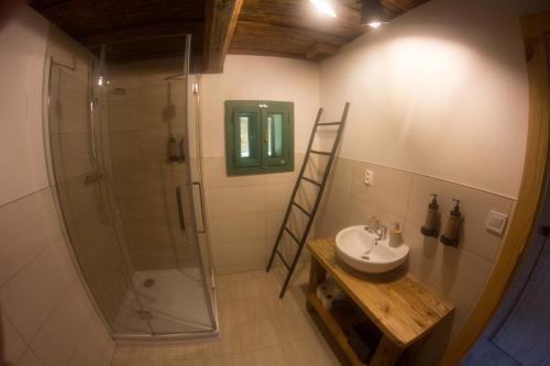 a bathroom with a shower and a sink and a mirror at Chata U3G Kobyly-Mlynky in Kobyly